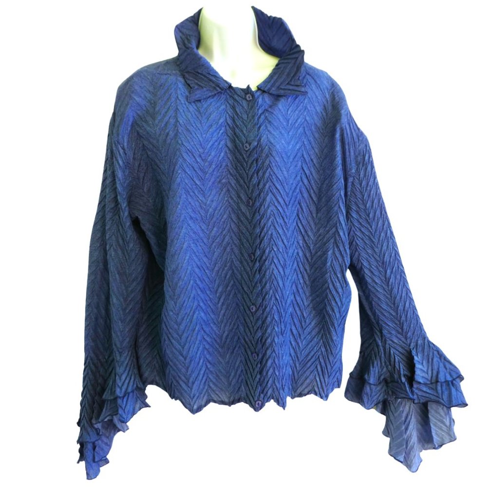 Komarov Vintage 90s Chevron Plisse Blouse Novelty Boho Tiered Flare Sleeves L